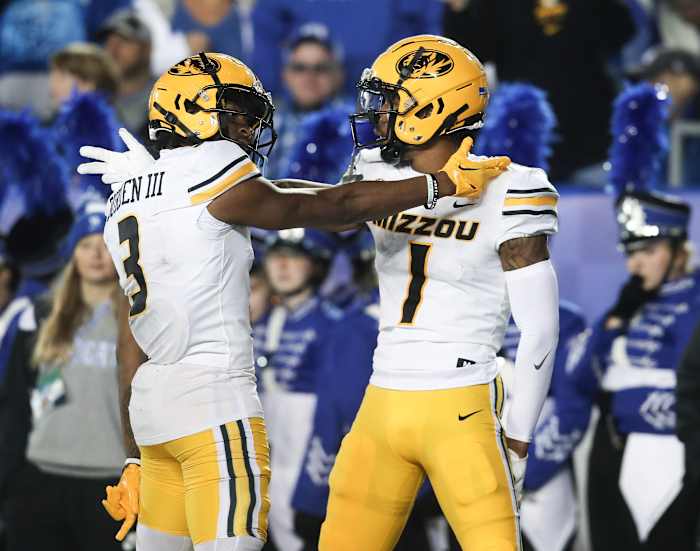 Missouri Tigers wide receiver Luther Burden III (3) celebrates with Missouri Tigers wide receiver Theo Wease Jr. (1) after Wease's touchdown in the second quarter. Oct. 14, 2023 — Matt Stone/Louisville Courier Journal / USA TODAY NETWORK